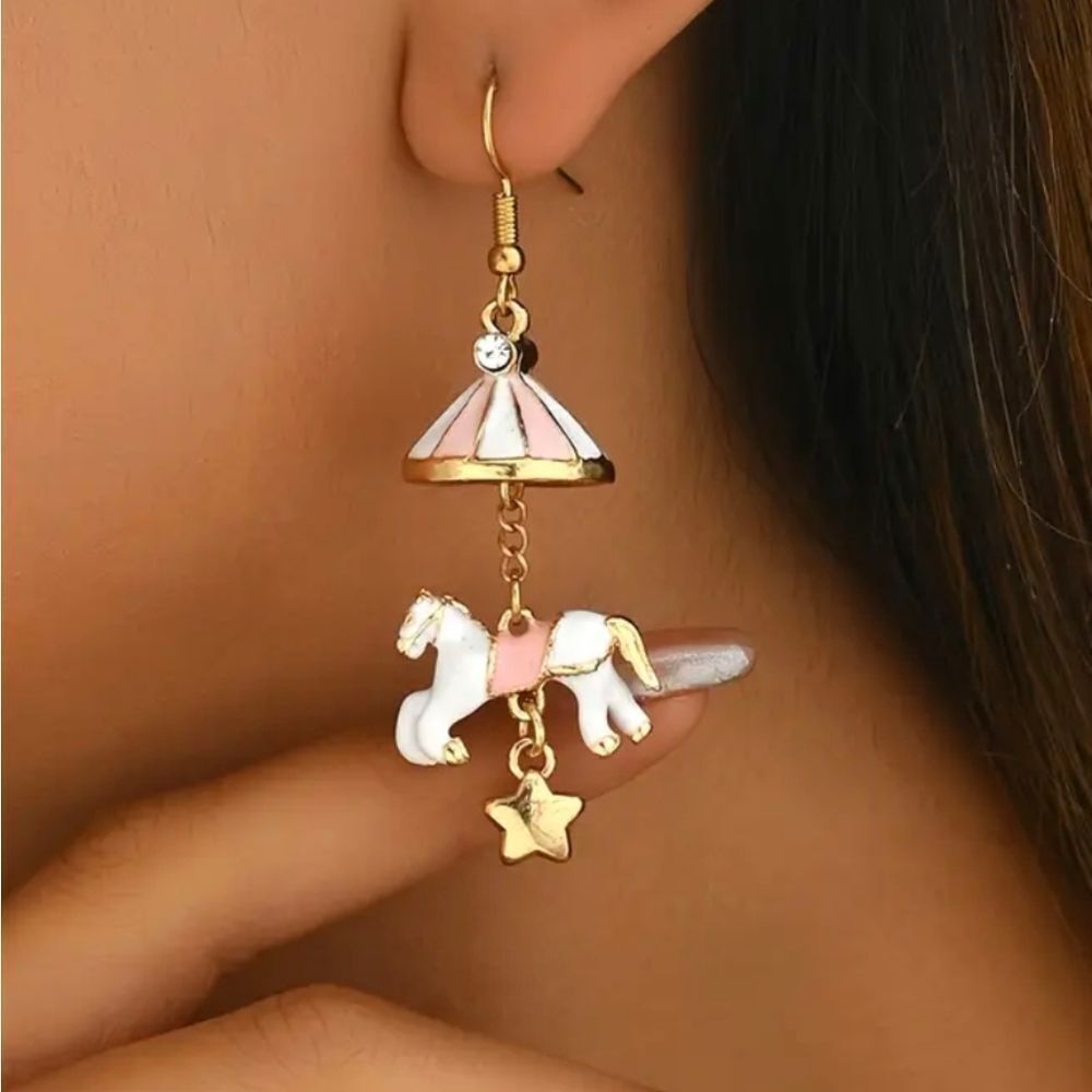 Adorable Pink and White Carousel Horse Earrings